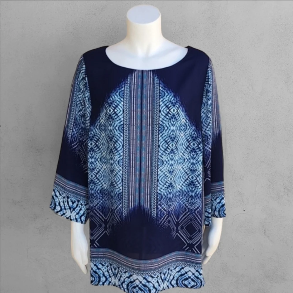 ROSE + OLIVE Batik Blue Tie Dye Tunic Top 1X Plus Tribal Boho Blouse Shirt